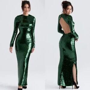 House‎ of CB Belle Pine Green Sequin Maxi Dress Long Sleeve Open Back NWT size S